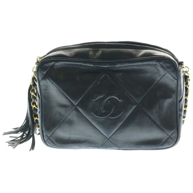 Chanel Coco Mark Fringe Chain Shoulder Bag Mini Bag Black Lambskin Gold Hardware