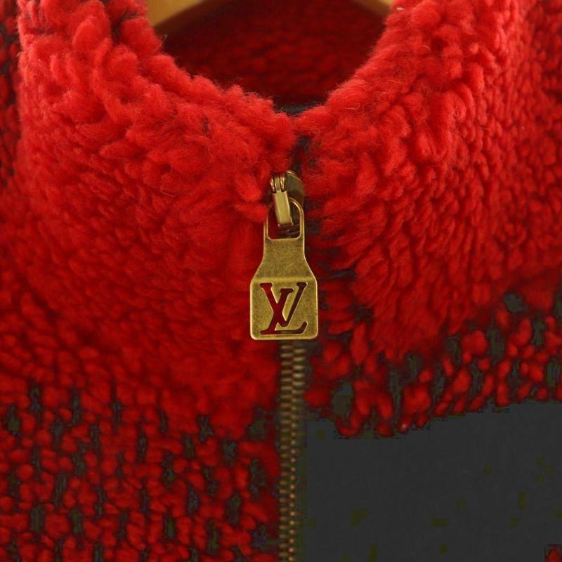 Louis Vuitton Damier Fleece Jacket Blouson Outerwear Zip Up Logo S Red Black NR