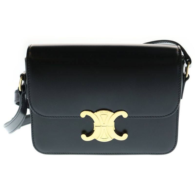 Celine Classic Triomphe Mini Leather Shoulder Bag Gold Hardware Black