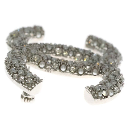 Chanel Coco Mark Rhinestone Brooch Pearl Pin Badge Silver D21V