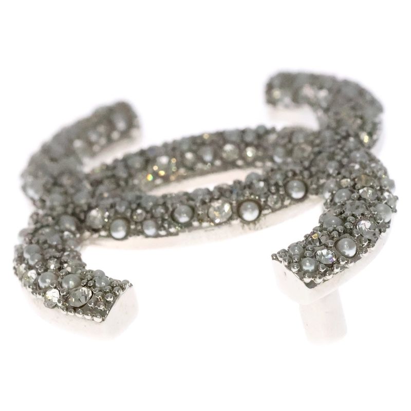 Chanel Coco Mark Rhinestone Brooch Pearl Pin Badge Silver D21V