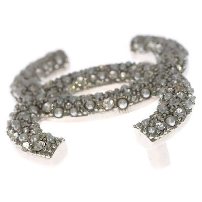 Chanel Coco Mark Rhinestone Brooch Pearl Pin Badge Silver D21V