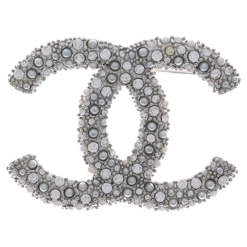 Chanel Coco Mark Rhinestone Brooch Pearl Pin Badge Silver D21V