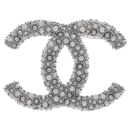 Chanel Coco Mark Rhinestone Brooch Pearl Pin Badge Silver D21V