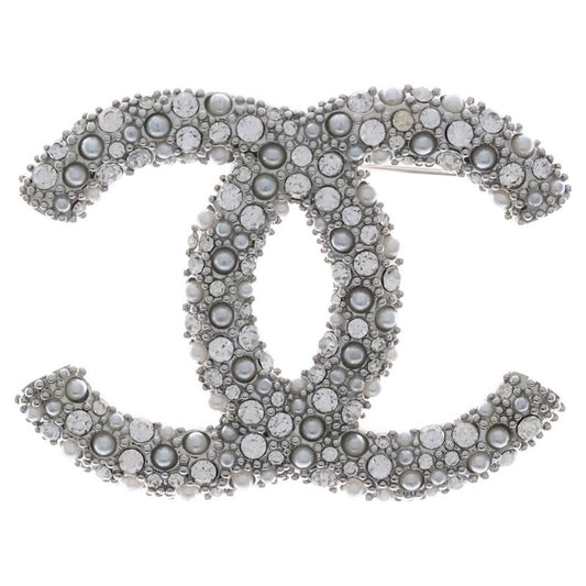 Chanel Coco Mark Rhinestone Brooch Pearl Pin Badge Silver D21V