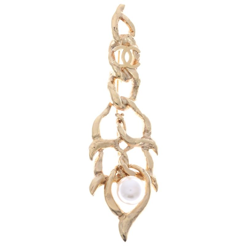Chanel Coco Mark Pearl Brooch Pin Badge Gold GP