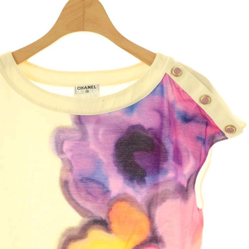 Chanel Watercolor Print Coco Mark Button Cut And Sewn French Sleeves Cotton 36