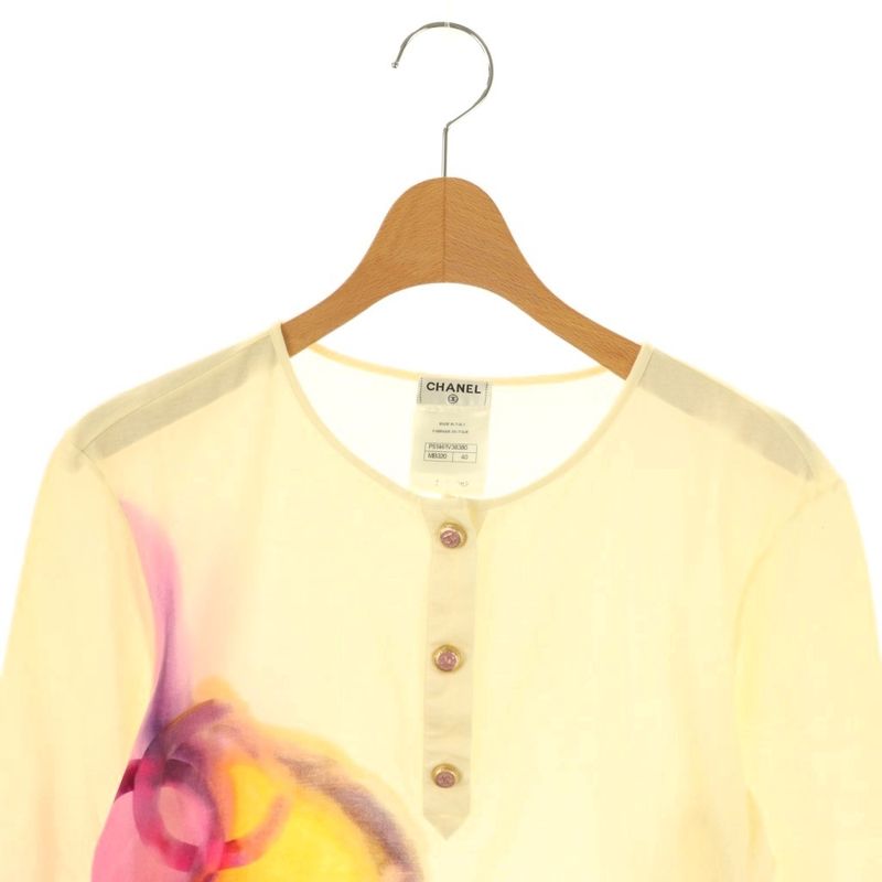 Chanel Watercolor Print Coco Mark Button Henry Neck Cut Sleeve Cotton 40 Cream