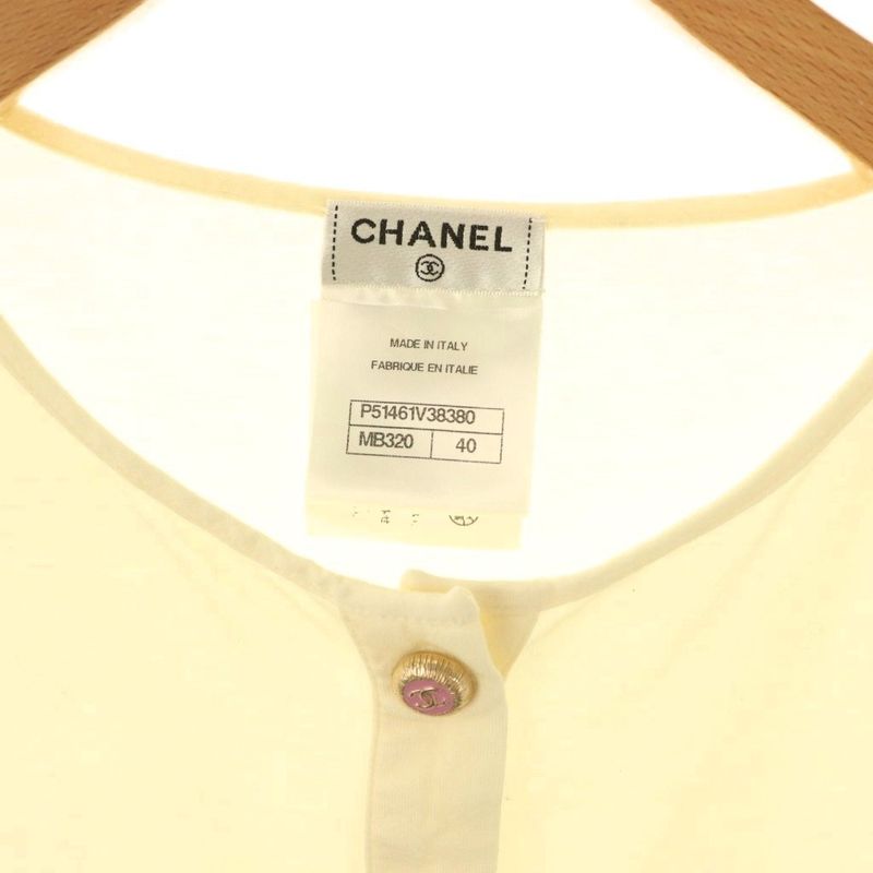 Chanel Watercolor Print Coco Mark Button Henry Neck Cut Sleeve Cotton 40 Cream