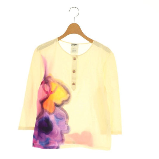 Chanel Watercolor Print Coco Mark Button Henry Neck Cut Sleeve Cotton 40 Cream