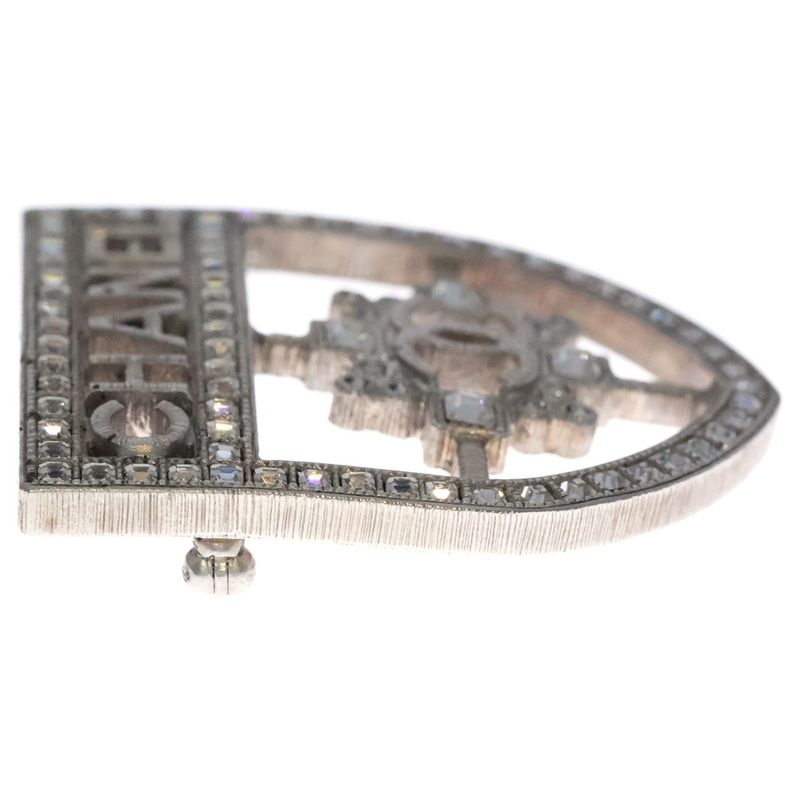 Chanel Coco Rhinestone Cles Brooch Pin Badge Silver