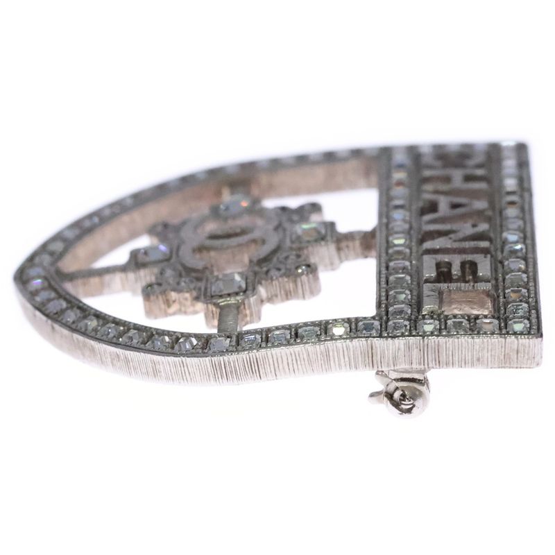 Chanel Coco Rhinestone Cles Brooch Pin Badge Silver