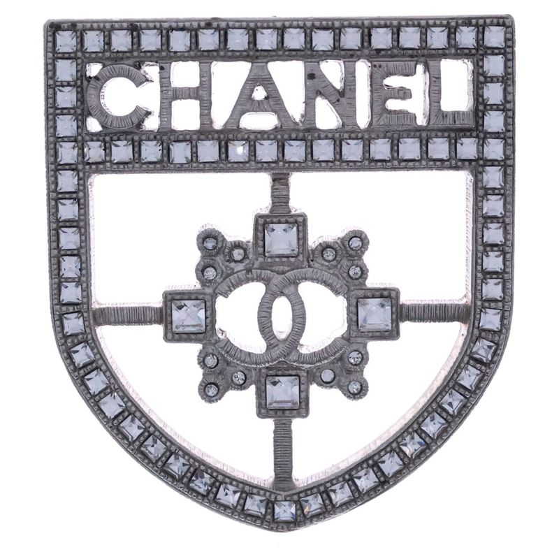 Chanel Coco Rhinestone Cles Brooch Pin Badge Silver