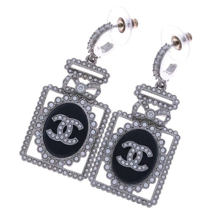 Chanel Coco Mark Perfume Motif Rhinestone Earrings Black X Silver A22B
