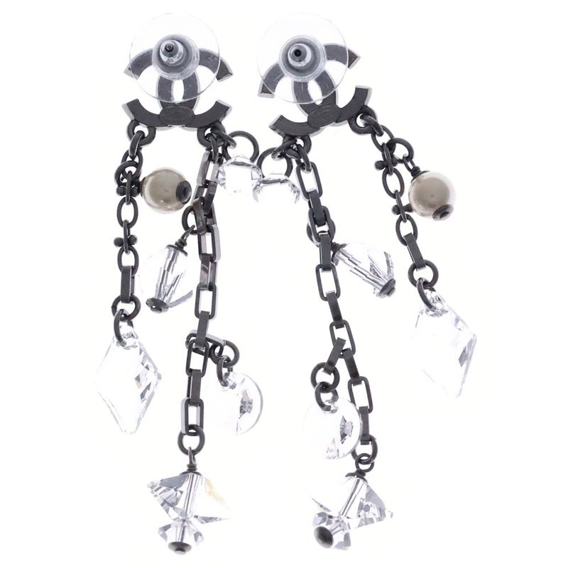 Chanel Coco Mark Rhinestone Swing Earrings Silver C19B