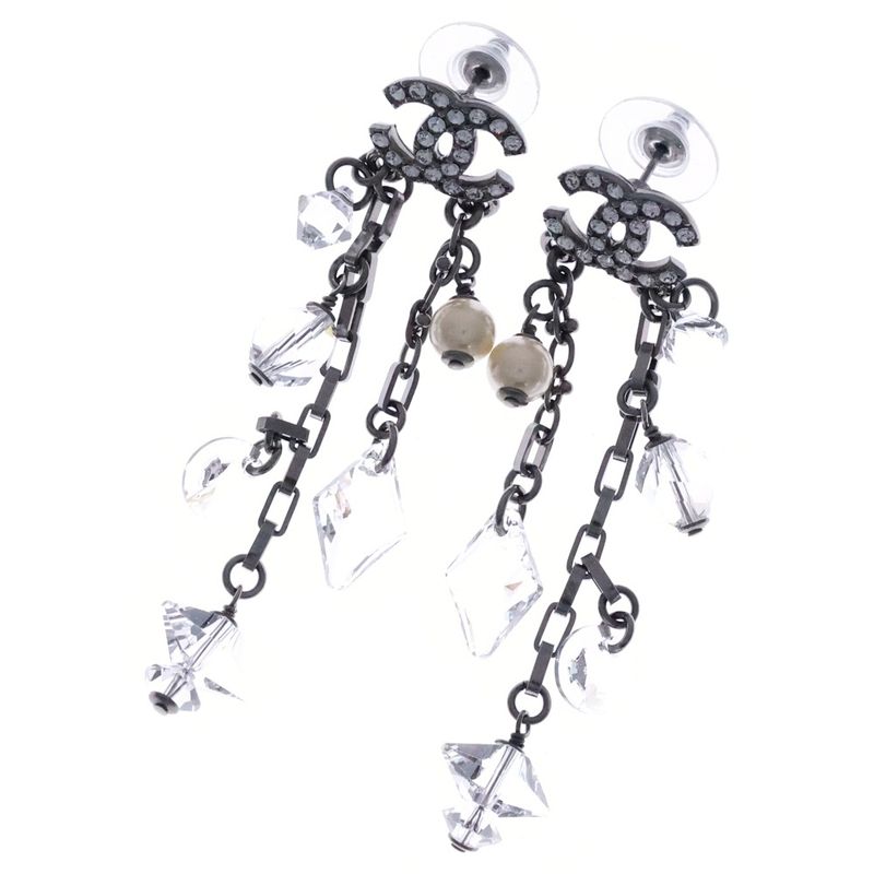 Chanel Coco Mark Rhinestone Swing Earrings Silver C19B