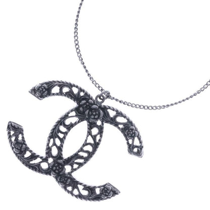 Chanel Coco Mark Camellia Logo Plate Pendant Chain Necklace Silver B14 A