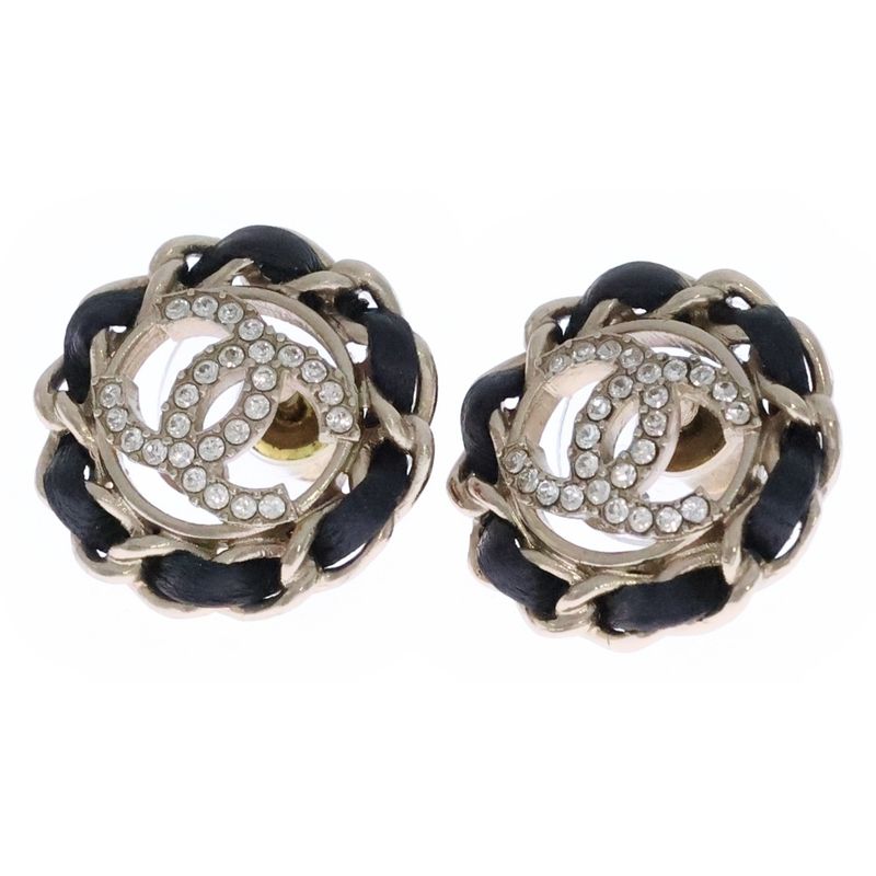 Chanel Coco Mark Rhinestone Earrings Black And Gold Ab8297