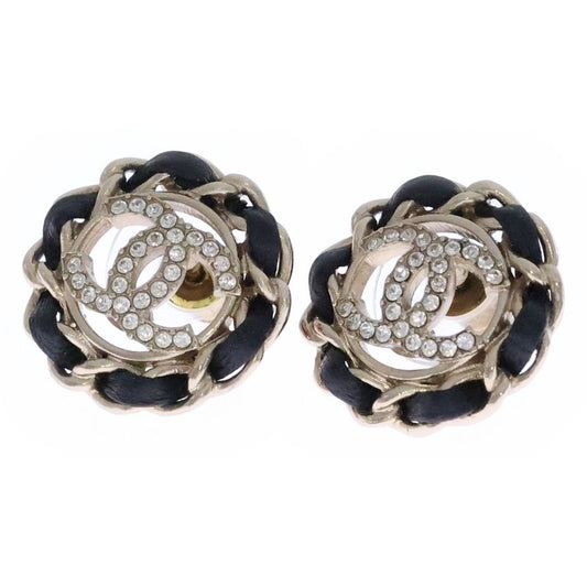 Chanel Coco Mark Rhinestone Earrings Black And Gold Ab8297