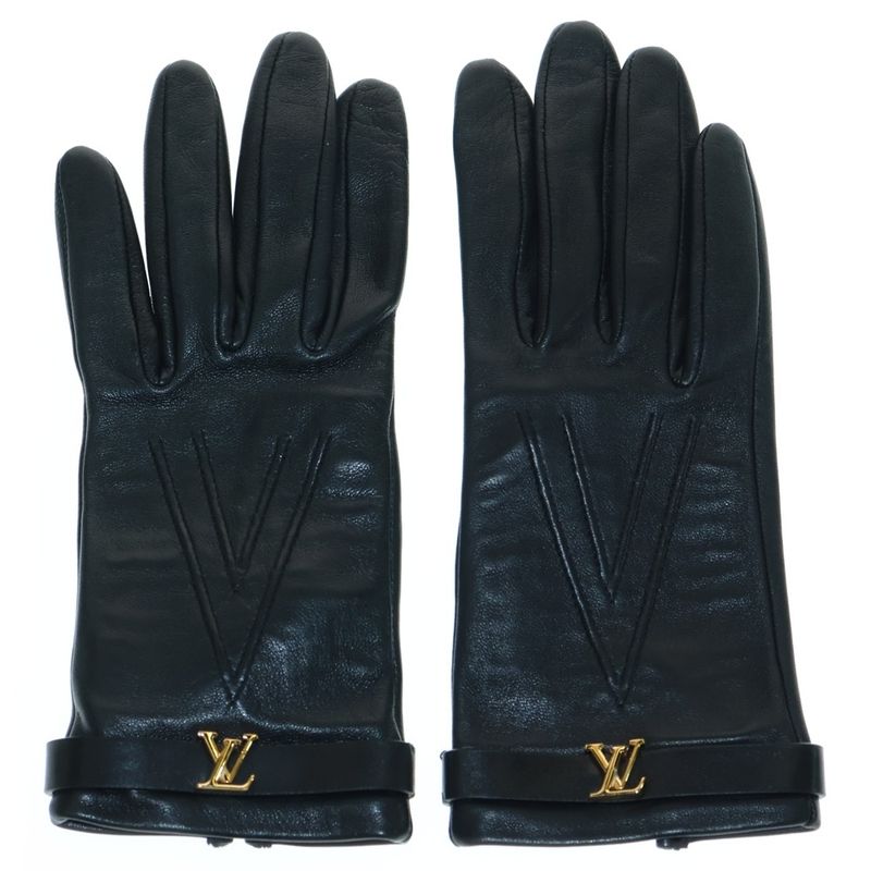Louis Vuitton Leather Gloves Black Lamb Leather N7211e Gold Hardware