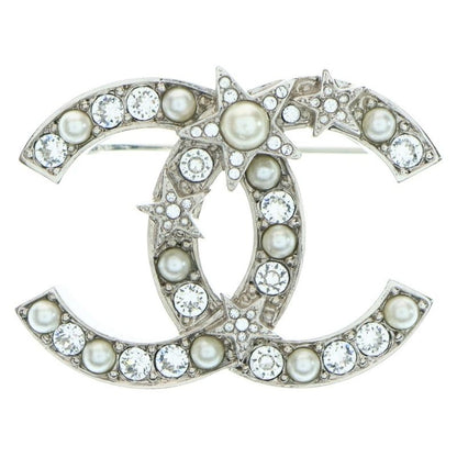 Chanel Coco Mark Star Rhinestone Pearl Brooch Pin Badge Silver
