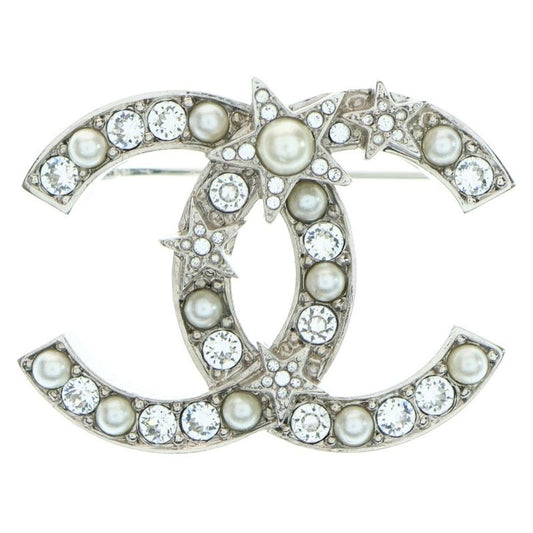 Chanel Coco Mark Star Rhinestone Pearl Brooch Pin Badge Silver