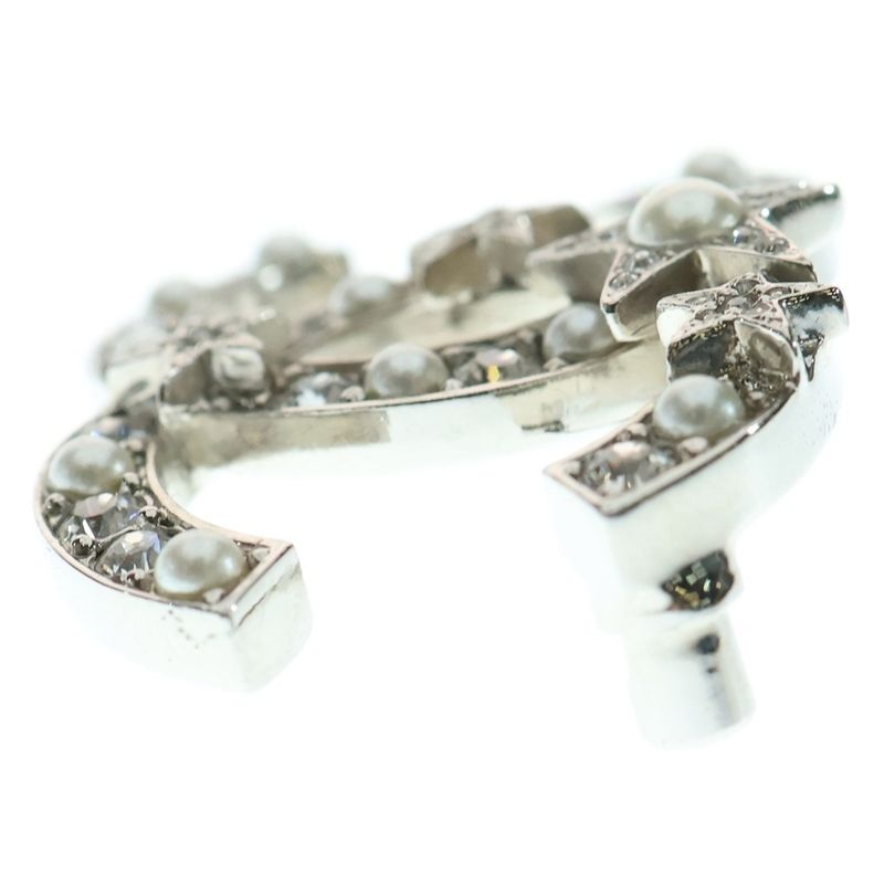 Chanel Coco Mark Star Rhinestone Pearl Brooch Pin Badge Silver
