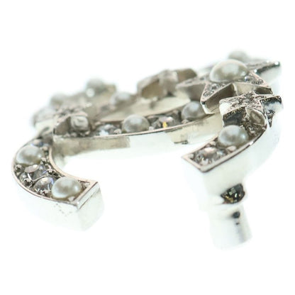 Chanel Coco Mark Star Rhinestone Pearl Brooch Pin Badge Silver