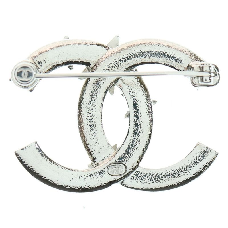 Chanel Coco Mark Star Rhinestone Pearl Brooch Pin Badge Silver
