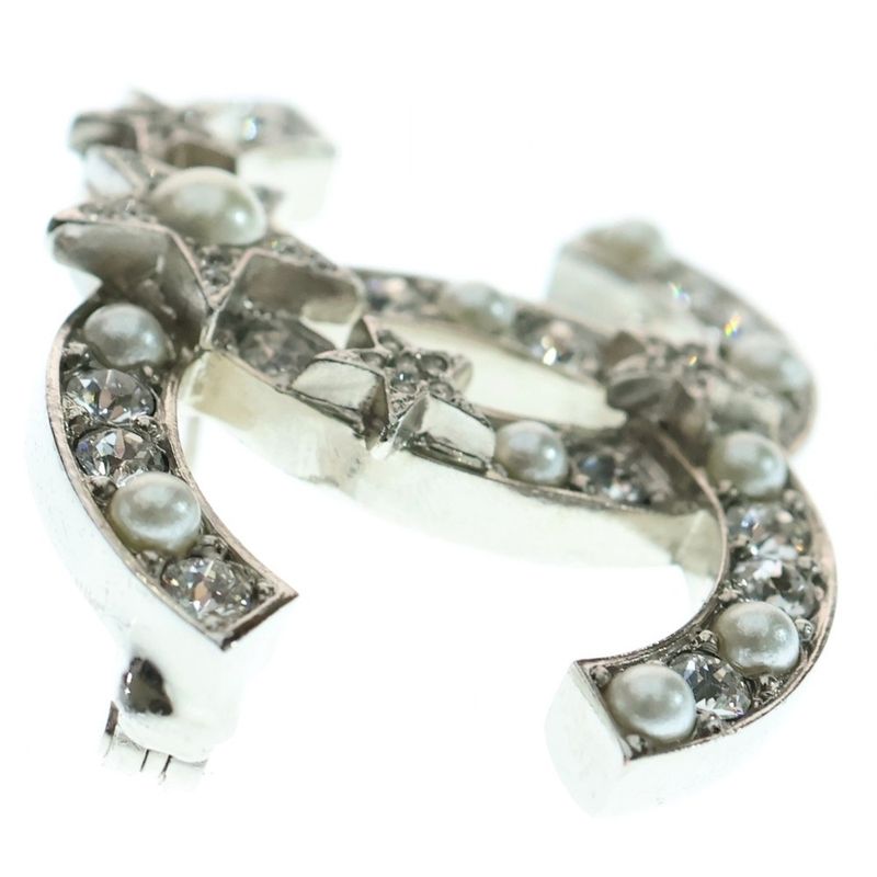 Chanel Coco Mark Star Rhinestone Pearl Brooch Pin Badge Silver