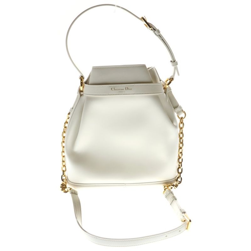 Christian Dior CD Logo Handbag Chain Bag Drawstring Shoulder Bag Medium White