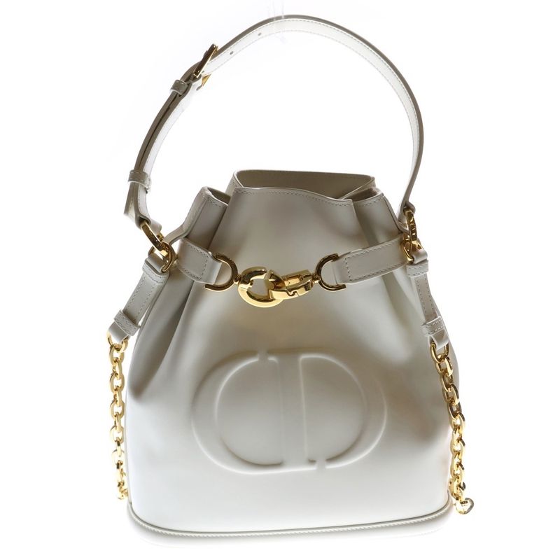 Christian Dior CD Logo Handbag Chain Bag Drawstring Shoulder Bag Medium White