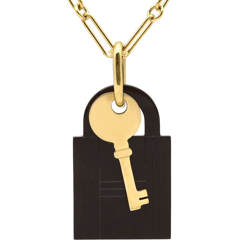 Hermes Necklace Amulet Padlock GM Buffalo Horn GP Black and Gold Cadena with