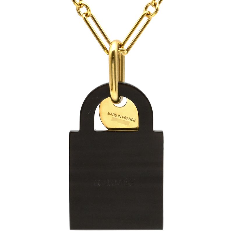 Hermes Necklace Amulet Padlock GM Buffalo Horn GP Black and Gold Cadena with