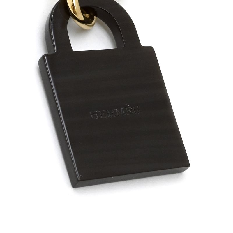 Hermes Necklace Amulet Padlock GM Buffalo Horn GP Black and Gold Cadena with