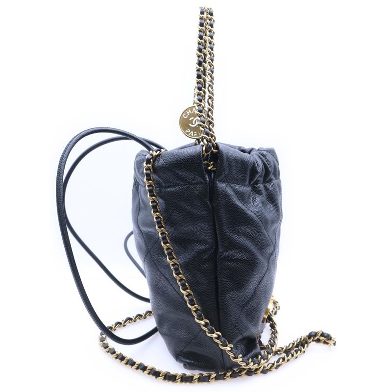 Chanel 22 Mini Chain Shoulder Bag Black Caviar Skin Gold Hardware As3980