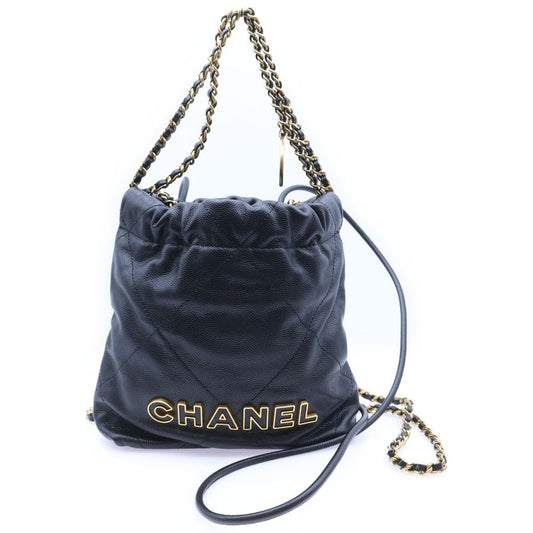 Chanel 22 Mini Chain Shoulder Bag Black Caviar Skin Gold Hardware As3980