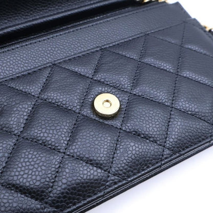 Chanel Matelasse Chain Wallet Shoulder Bag Black Caviar Skin Gold Hardware