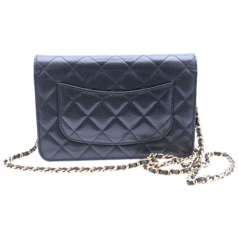 Chanel Matelasse Chain Wallet Shoulder Bag Black Caviar Skin Gold Hardware
