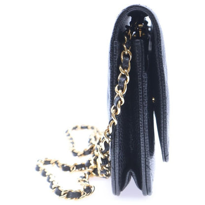 Chanel Matelasse Chain Wallet Shoulder Bag Black Caviar Skin Gold Hardware