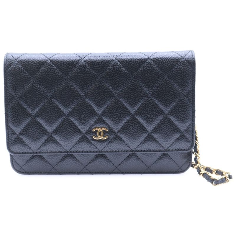 Chanel Matelasse Chain Wallet Shoulder Bag Black Caviar Skin Gold Hardware