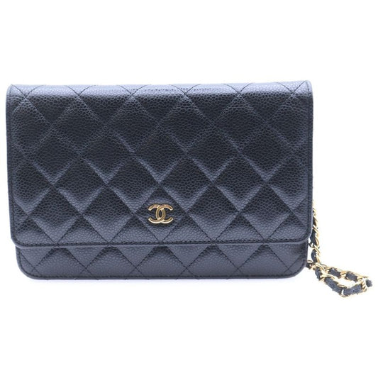 Chanel Matelasse Chain Wallet Shoulder Bag Black Caviar Skin Gold Hardware