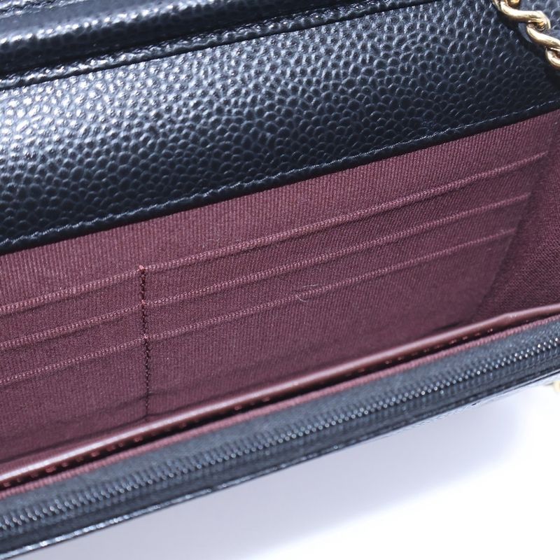 Chanel Matelasse Chain Wallet Shoulder Bag Black Caviar Skin Gold Hardware