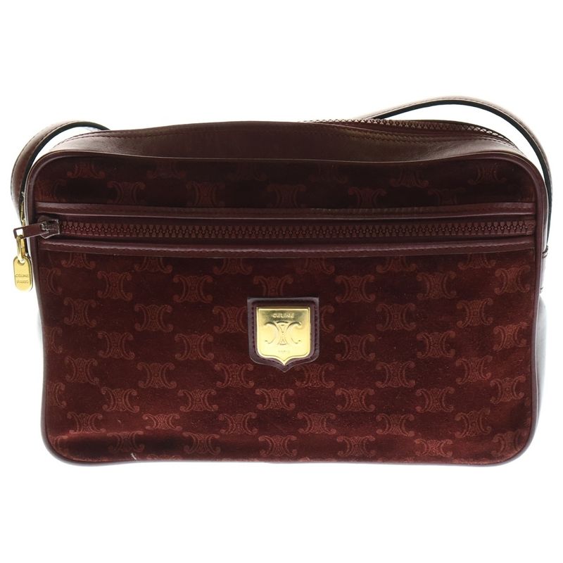 Celine Macadam Shoulder Bag Velour Red Bordeaux Leather Gold Hardware