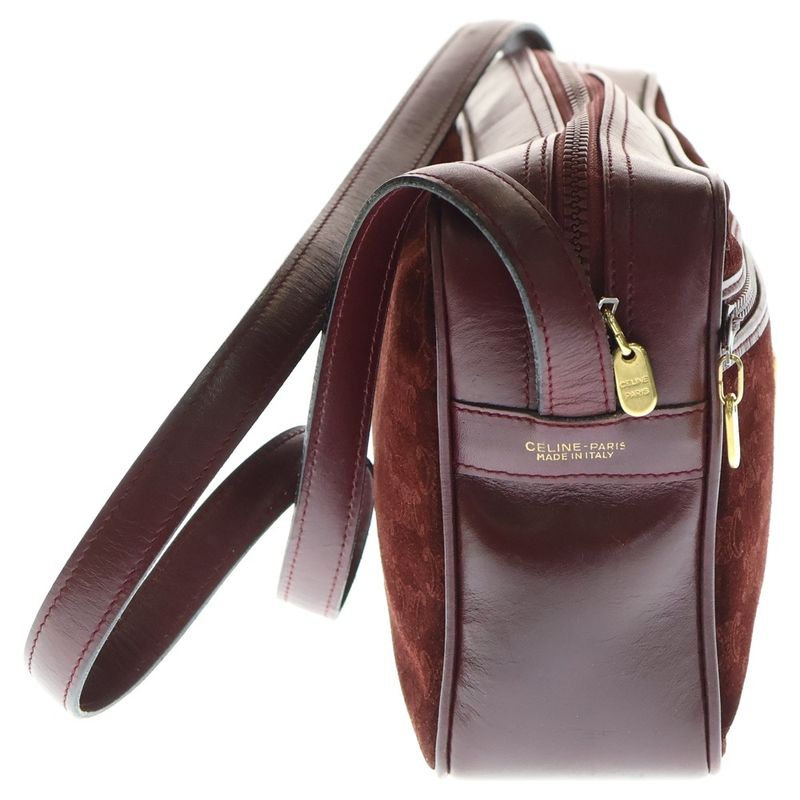 Celine Macadam Shoulder Bag Velour Red Bordeaux Leather Gold Hardware