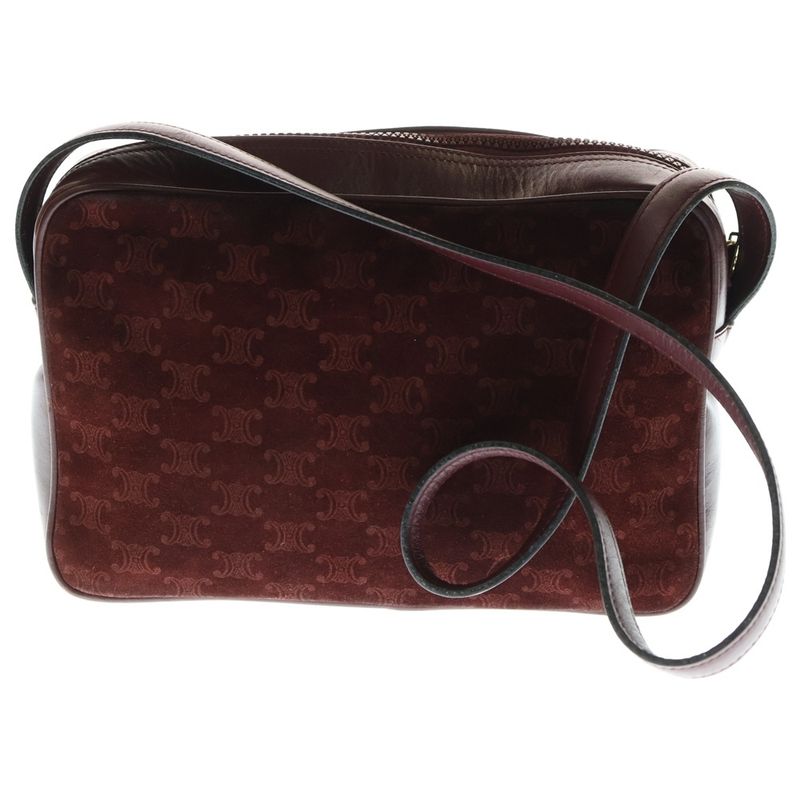 Celine Macadam Shoulder Bag Velour Red Bordeaux Leather Gold Hardware