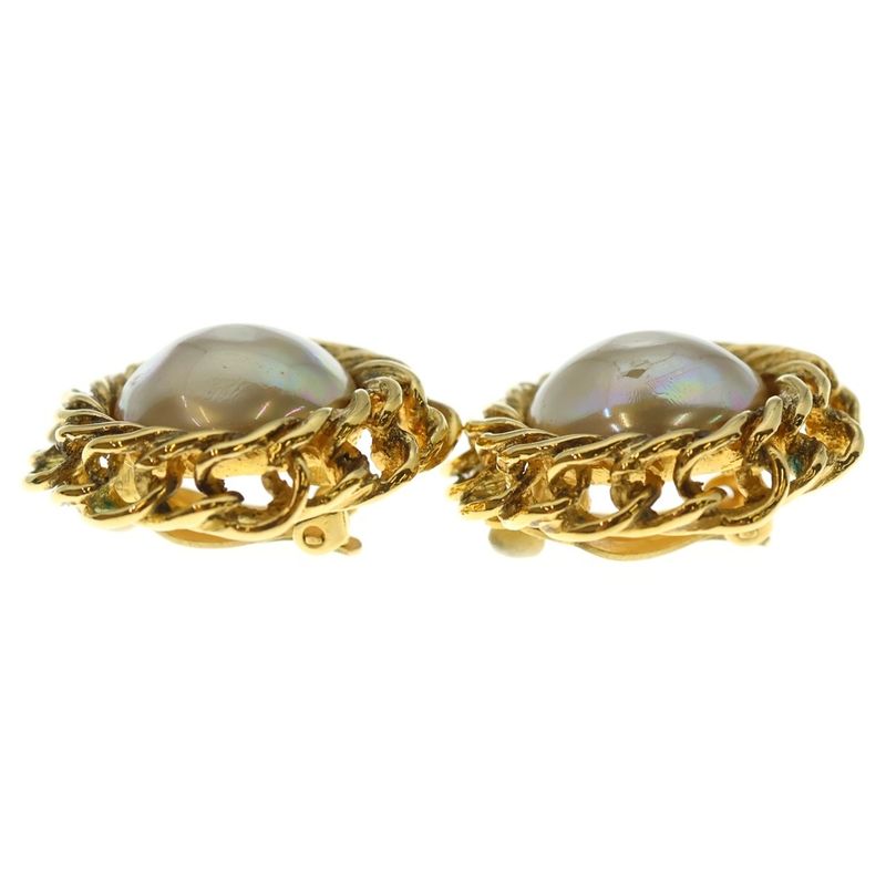 Chanel Chain Design Faux Pearl Earrings Gold GP