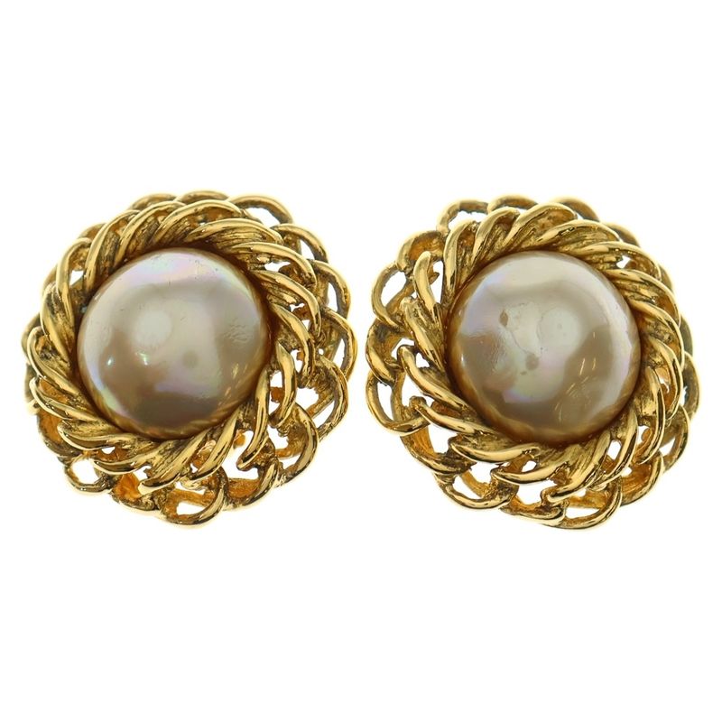 Chanel Chain Design Faux Pearl Earrings Gold GP