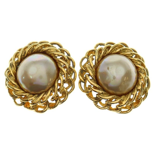 Chanel Chain Design Faux Pearl Earrings Gold GP