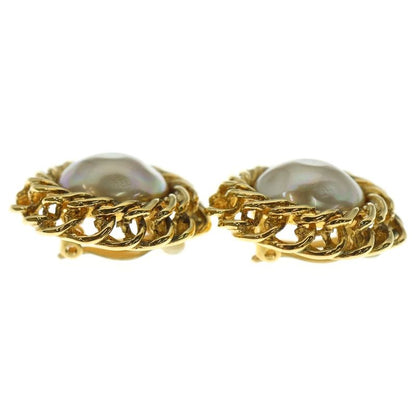 Chanel Chain Design Faux Pearl Earrings Gold GP